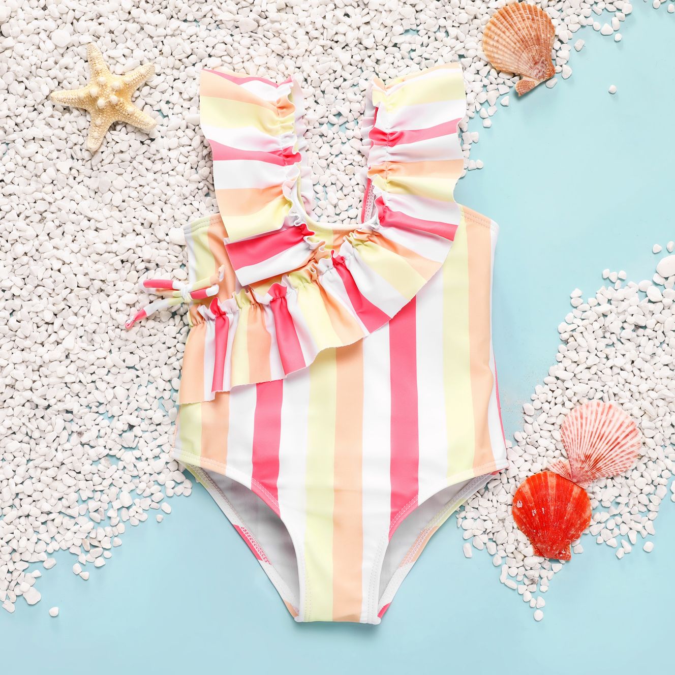 

Toddler Girl Boho Stripe Flounce Sleeveless Onepiece Swimsuit