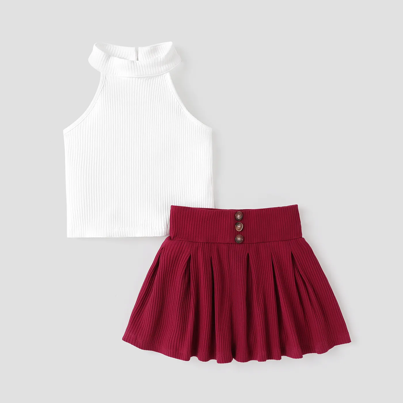 

2pcs Toddler Girl Ribbed Sleeveless Tee and Button Design Pleated Skirt Set