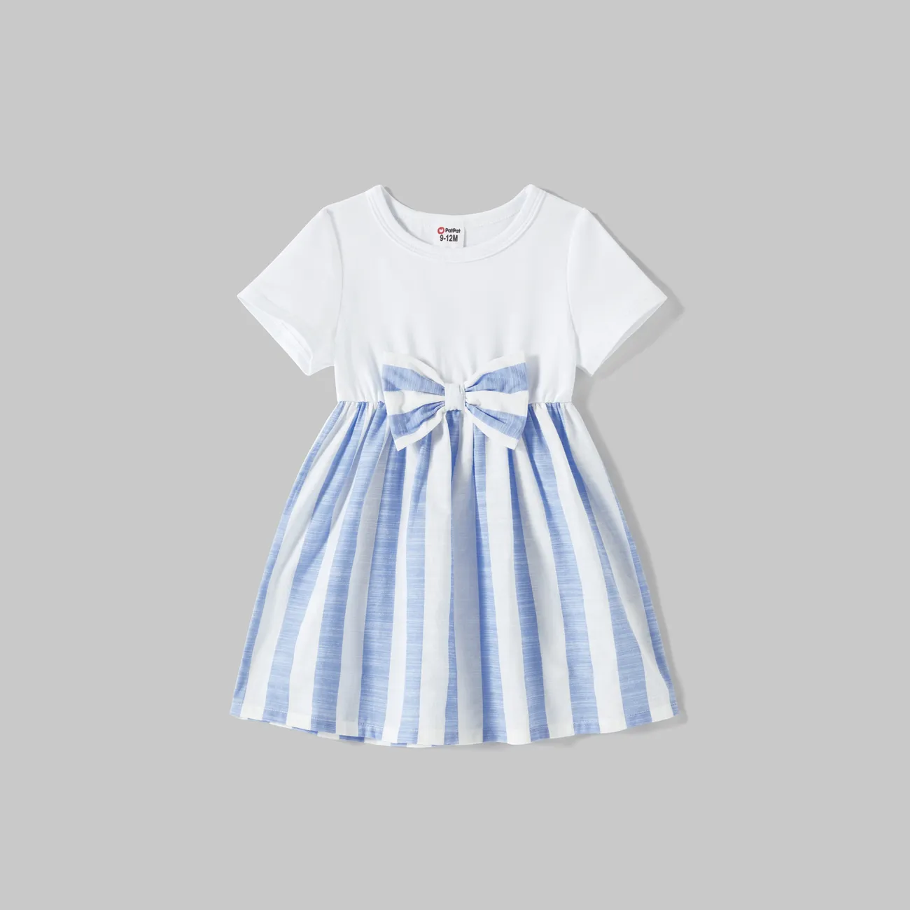 Family Matching Cotton Short-sleeve Spliced Tee and Striped Surplice Neck Short-sleeve Belted Dresses Sets BLUEWHITE big image 1