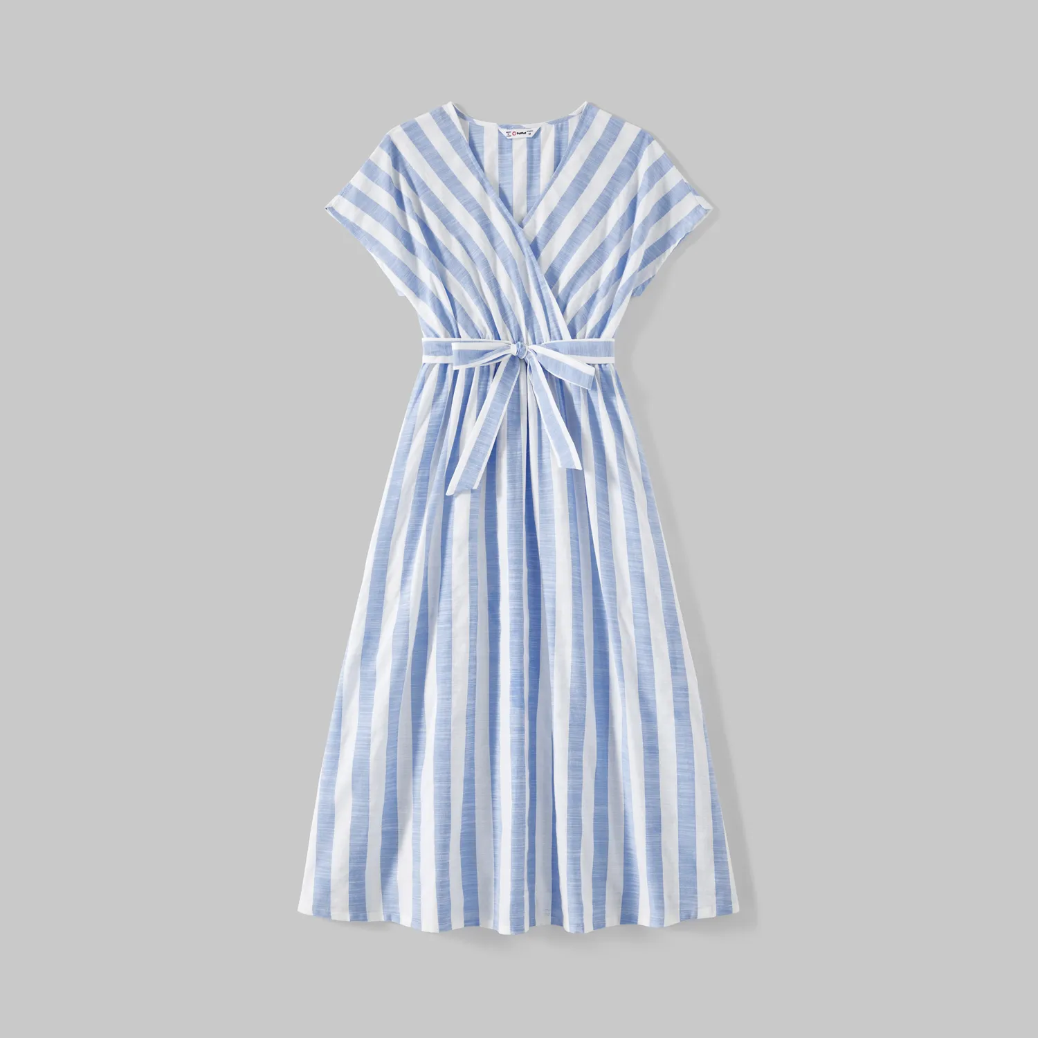 Family Matching Cotton Short-sleeve Spliced Tee and Striped Surplice Neck Short-sleeve Belted Dresse