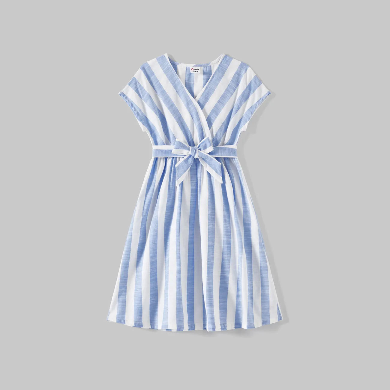Family Matching Cotton Short-sleeve Spliced Tee and Striped Surplice Neck Short-sleeve Belted Dresses Sets BLUEWHITE big image 1