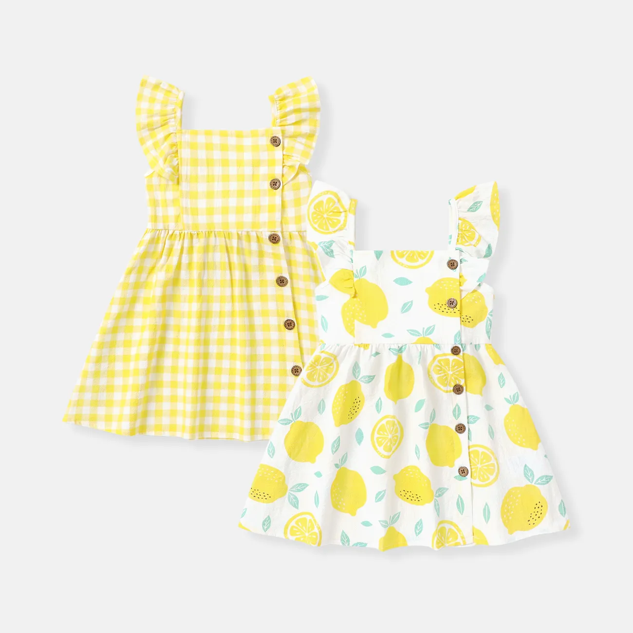 Toddler Girl 100% Cotton Fruit Print/Plaid Ruffled Button Design Slip Dress White big image 1