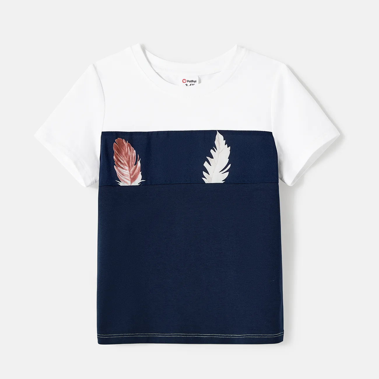 Family Matching Allover Feather Print Belted Cami Dresses and Short-sleeve Spliced Tee Sets Tibetanbluewhite big image 1