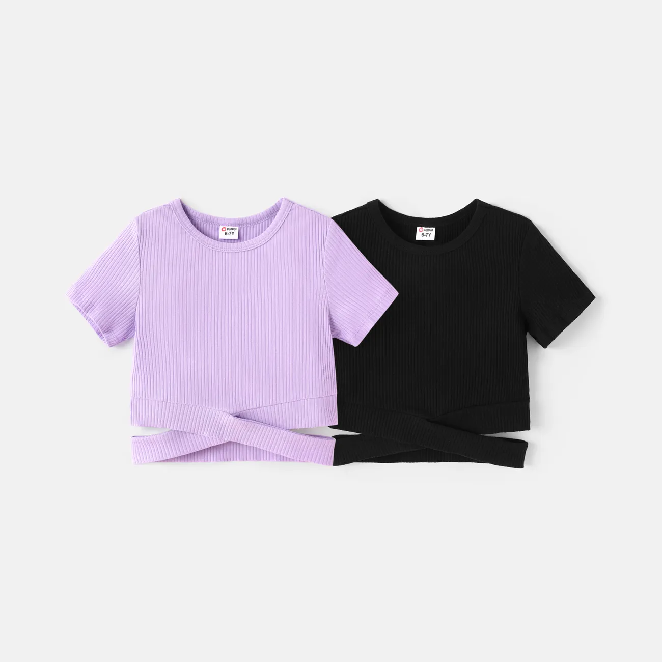 Kid Girl Cotton Solid Color Crisscross Short-sleeve Tee Purple big image 1