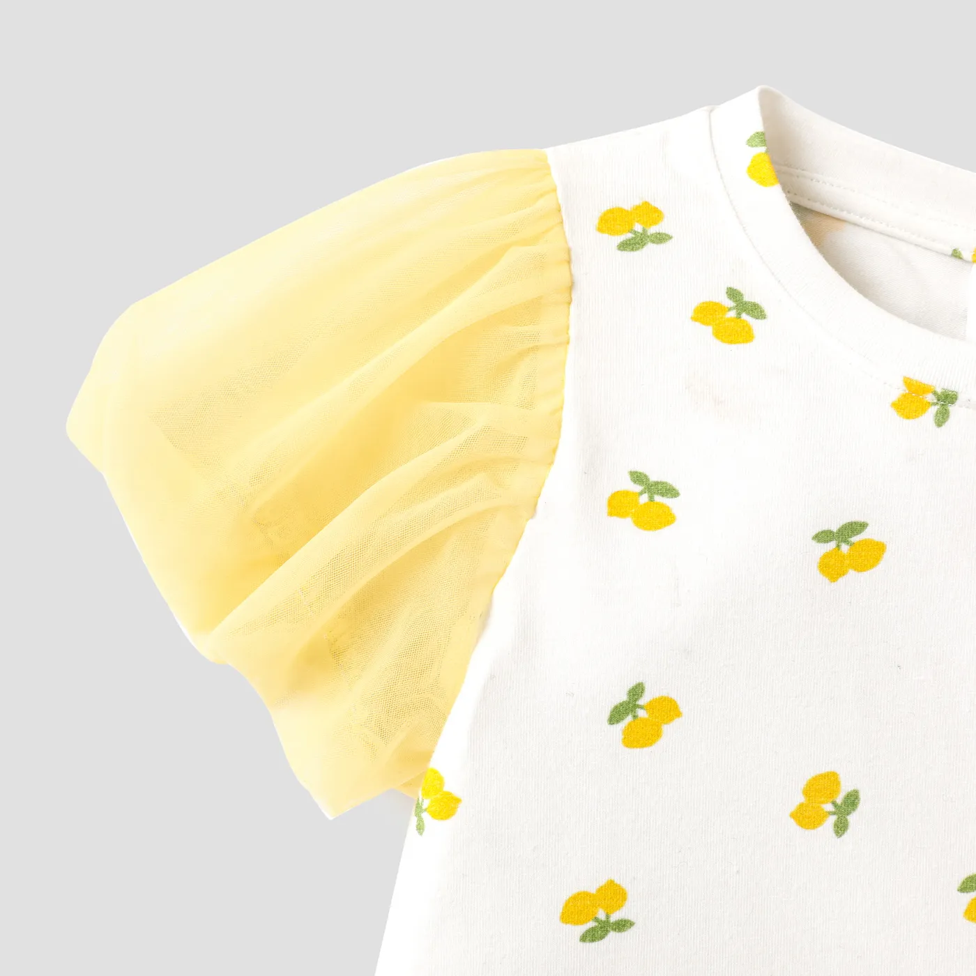 Toddler Girl Cotton Allover Lemon Print Puff-sleeve Spliced Mesh Dress  image 6