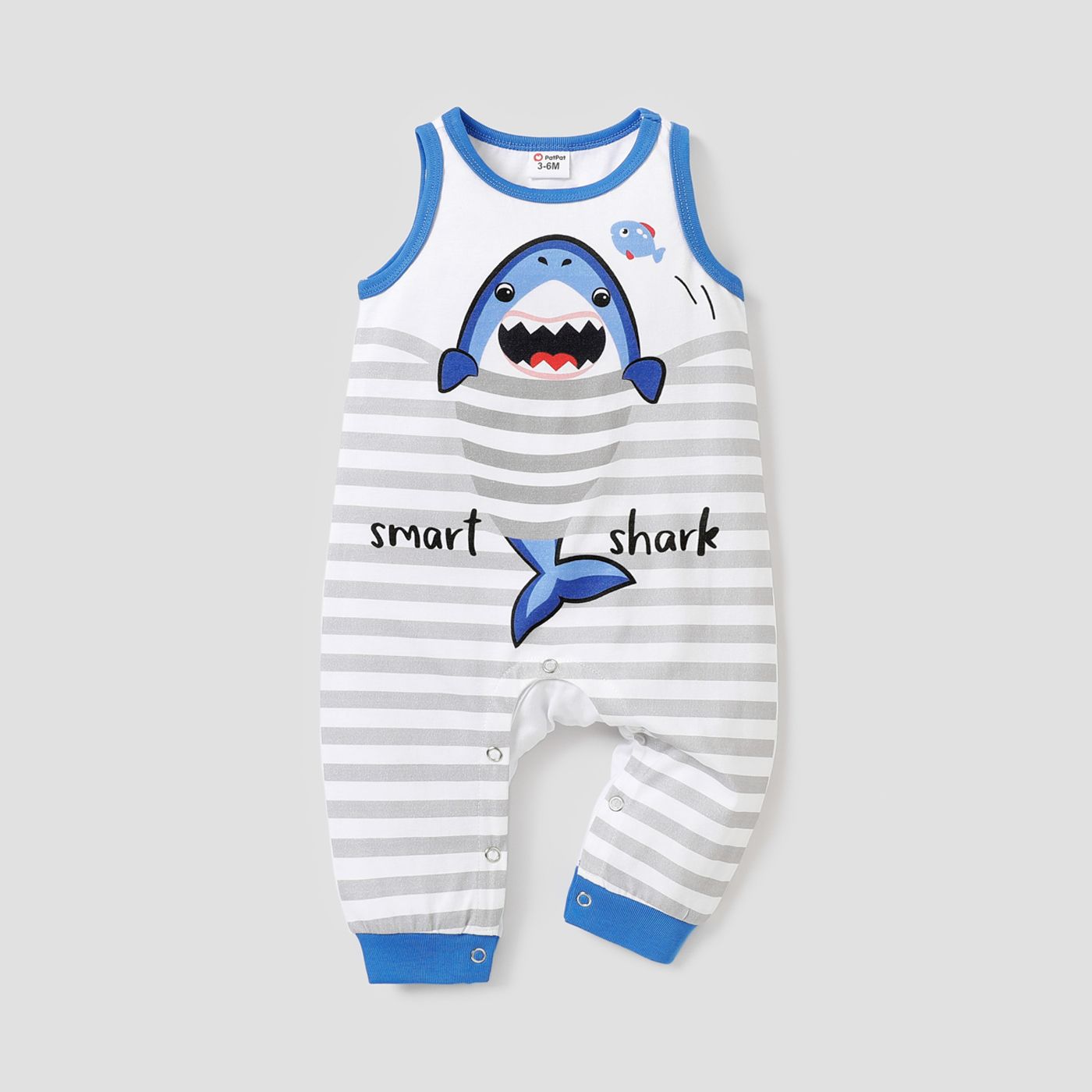 Baby Girl 100% Cotton Shark & Letter Print Striped Sleeveless Jumpsuit