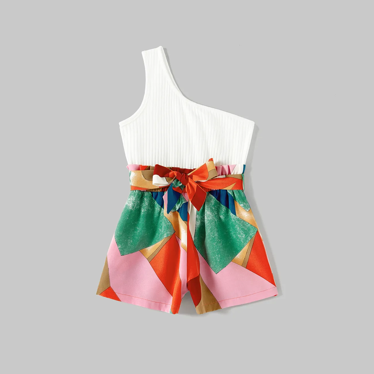 Mommy and Me Cotton Solid & Print Spliced One Shoulder Sleeveless Belted Romper Shorts White big image 1