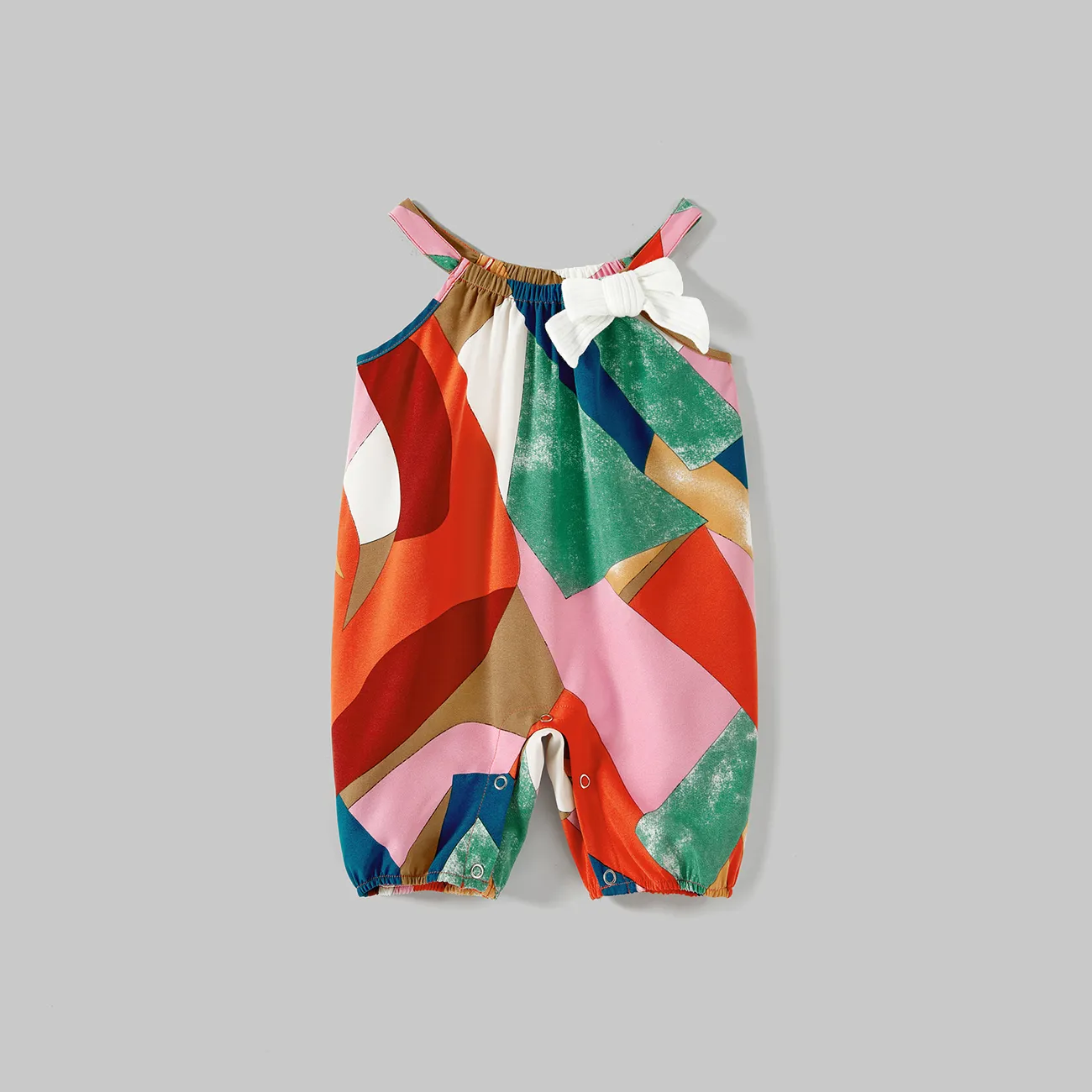 Mommy and Me Cotton Solid & Print Spliced One Shoulder Sleeveless Belted Romper Shorts big image 1