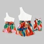 Mommy and Me Cotton Solid & Print Spliced One Shoulder Sleeveless Belted Romper Shorts  image 2