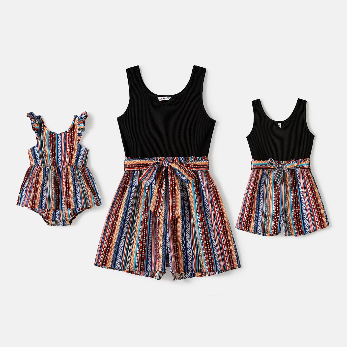 

Mommy and Me Cotton Solid & Striped Spliced Belted Tank Romper Shorts