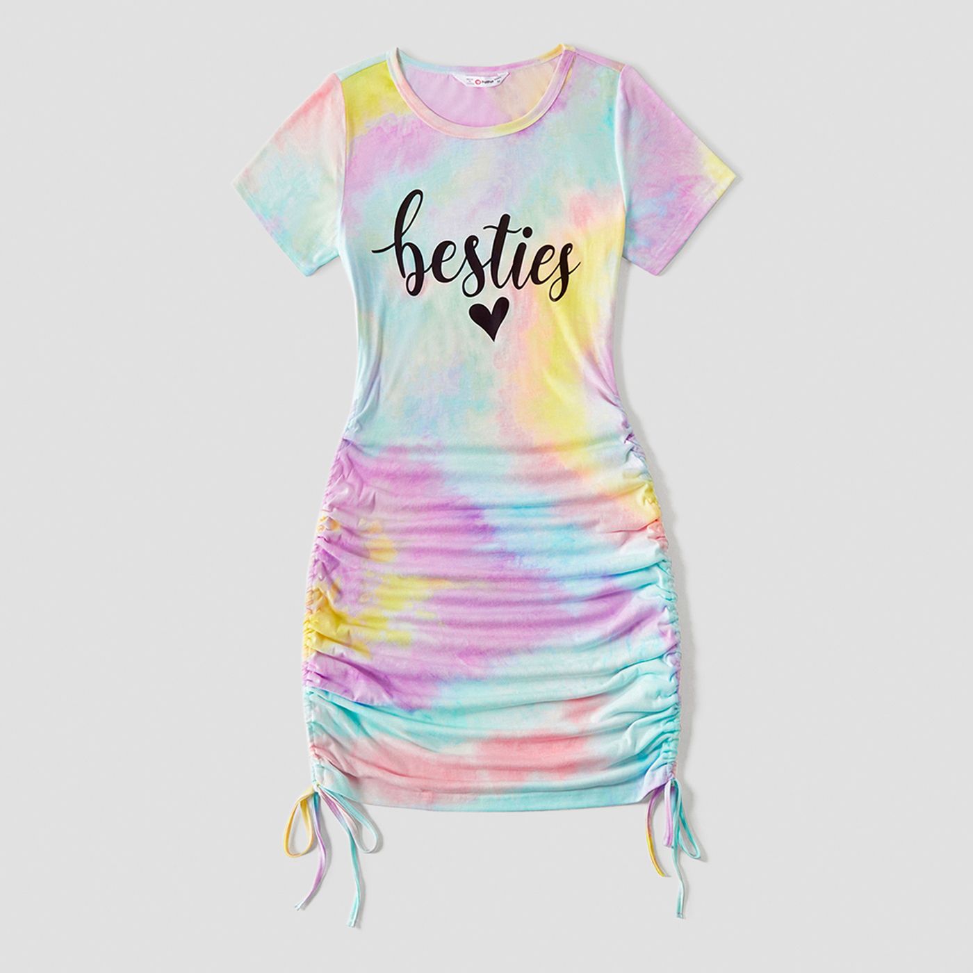 Mommy And Me 95% Cotton Short-sleeve Letter Print Tie Dye Drawstring Ruched Bodycon T-shirt Dresses
