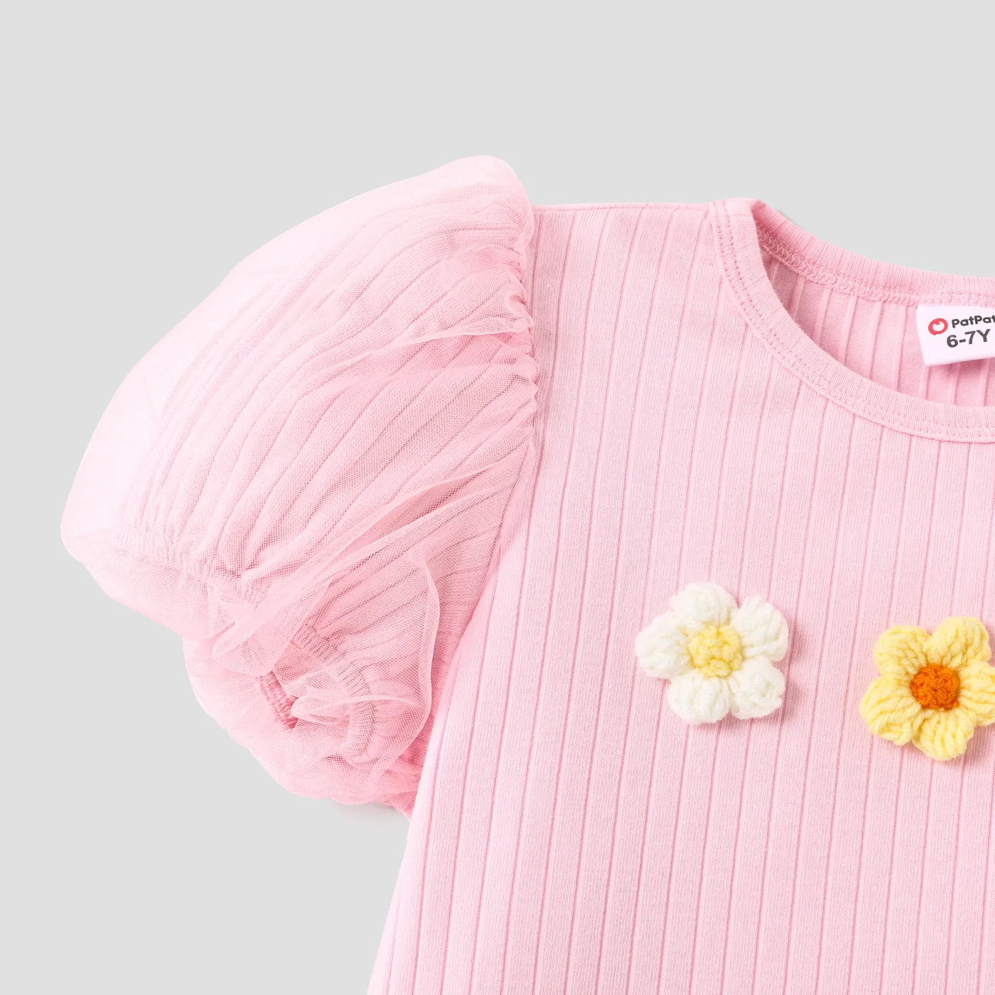 Kid Girl Cotton Ribbed Appliques Detail Mesh Puff-sleeve Tee  image 3