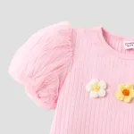 Kid Girl Cotton Ribbed Appliques Detail Mesh Puff-sleeve Tee  image 3