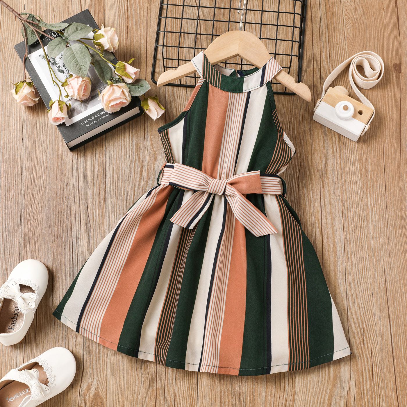 

Toddler Girl Boho Stripe Belted Halter Dress