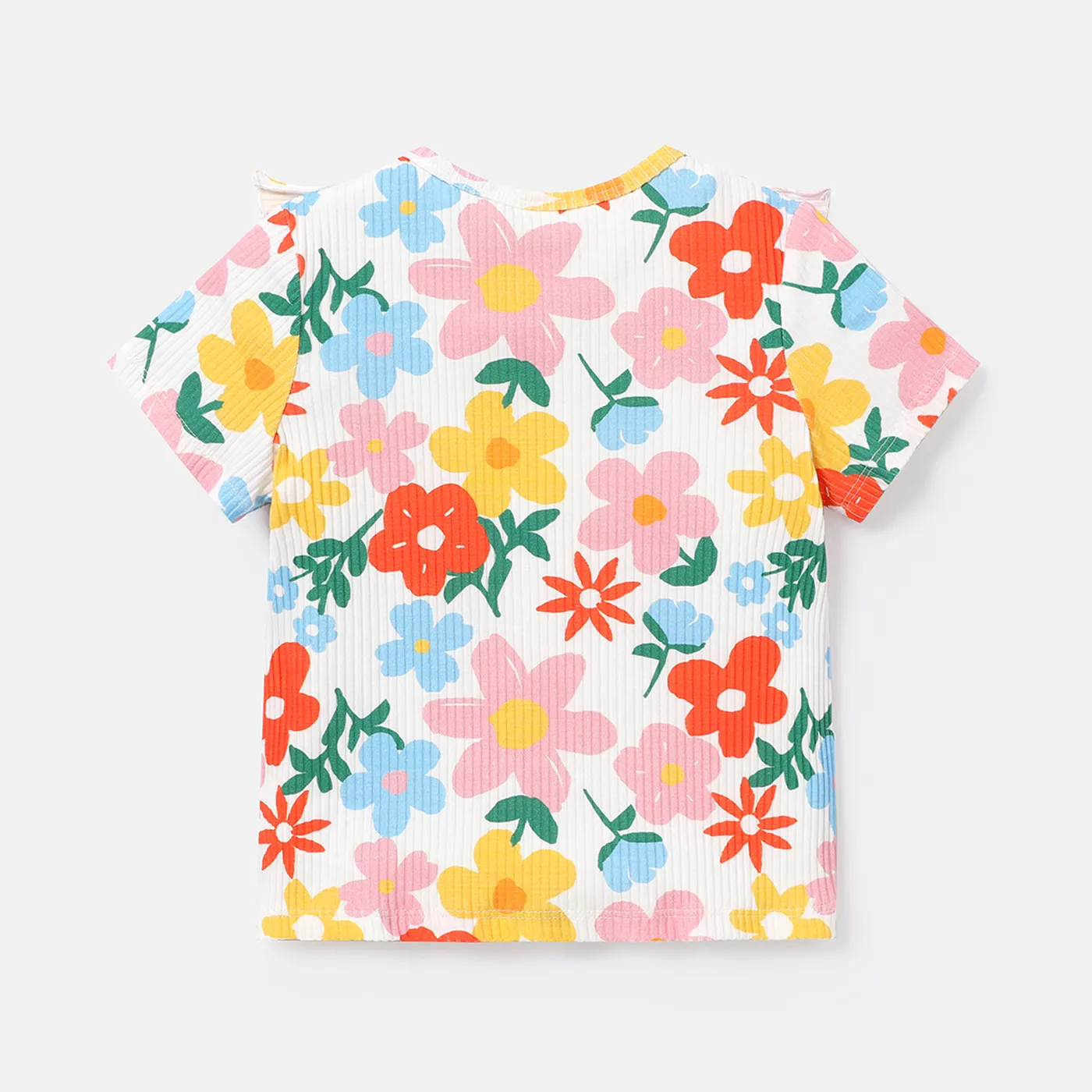 Toddler Girl Cotton Floral Print Ruffled Short-sleeve Tee Color block image 2