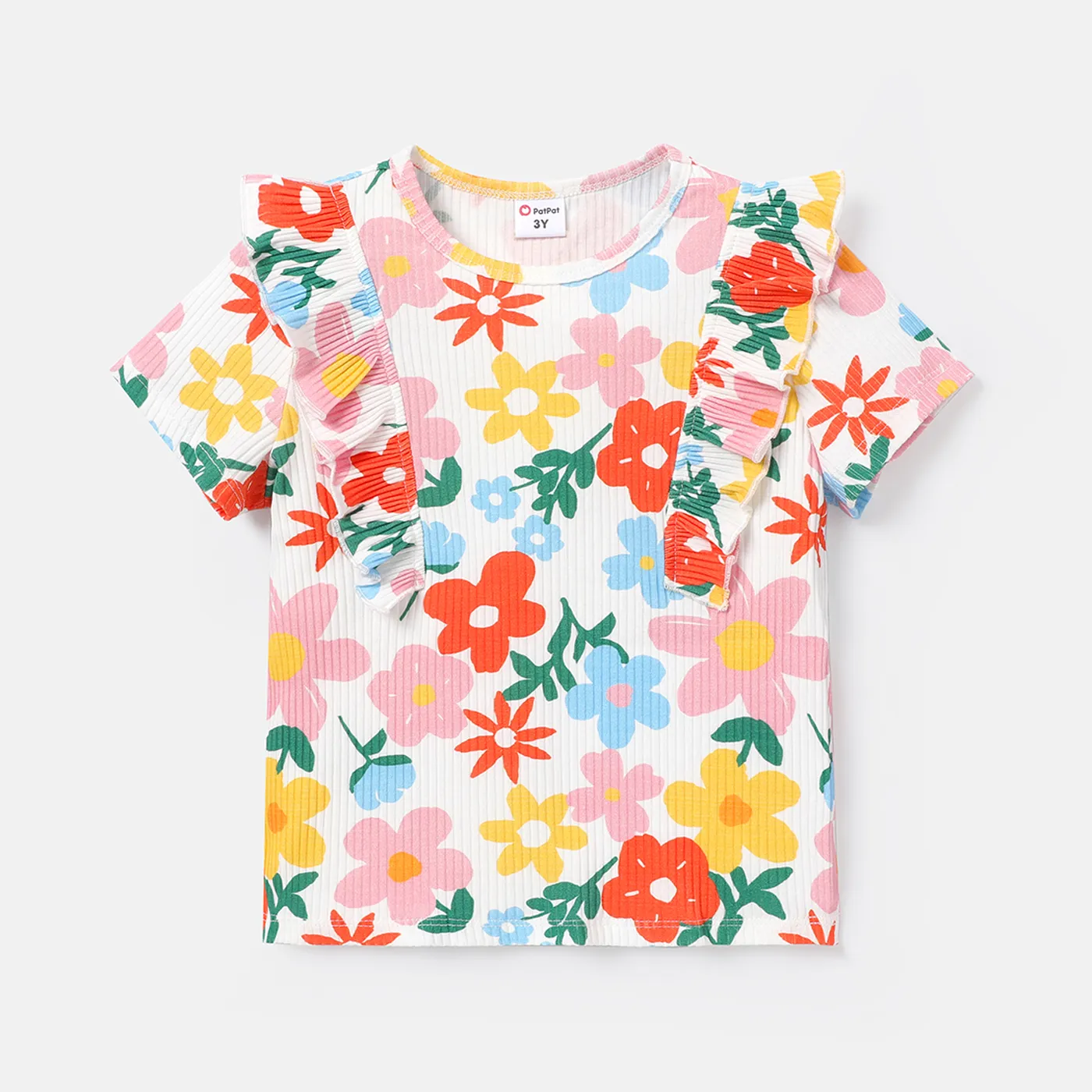 Toddler Girl Cotton Floral Print Ruffled Short-sleeve Tee Color block big image 1