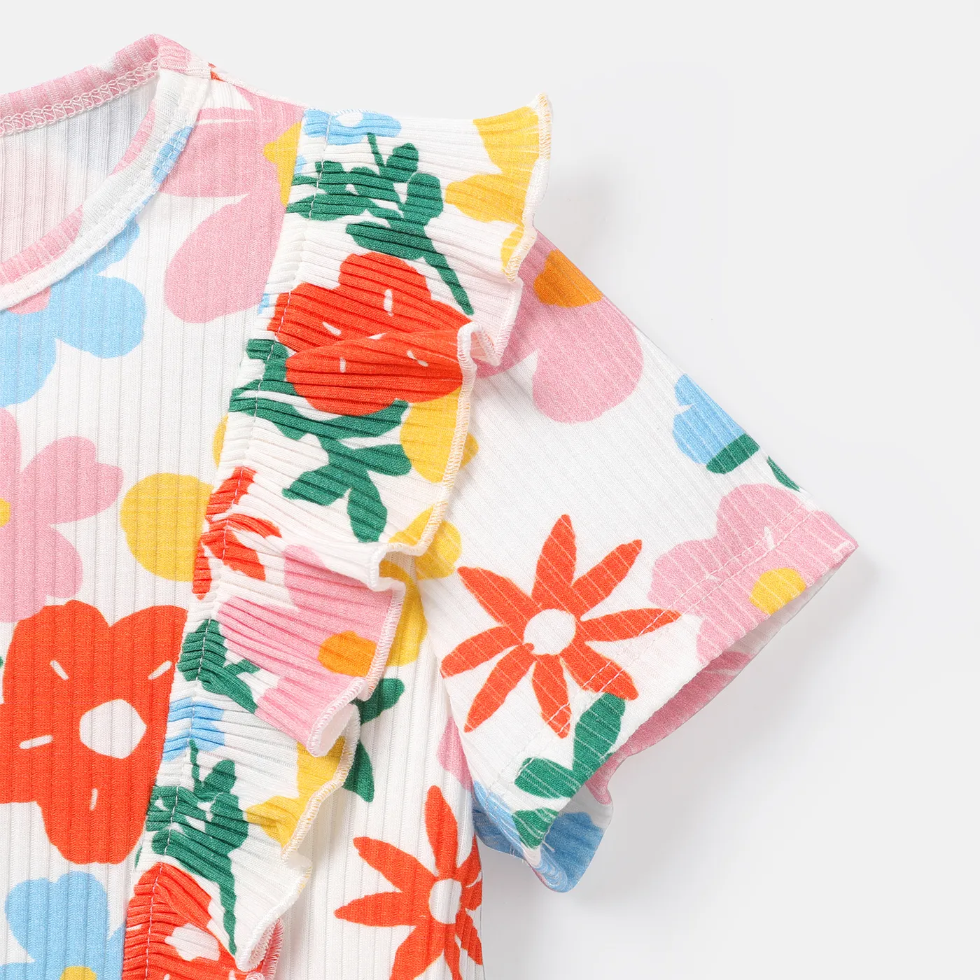 Toddler Girl Cotton Floral Print Ruffled Short-sleeve Tee Color block image 4