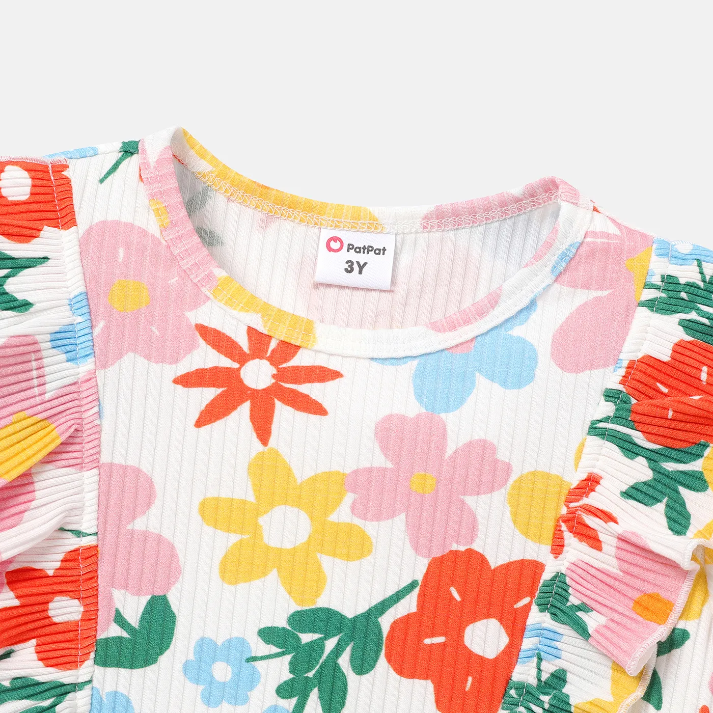 Toddler Girl Cotton Floral Print Ruffled Short-sleeve Tee Color block image 3