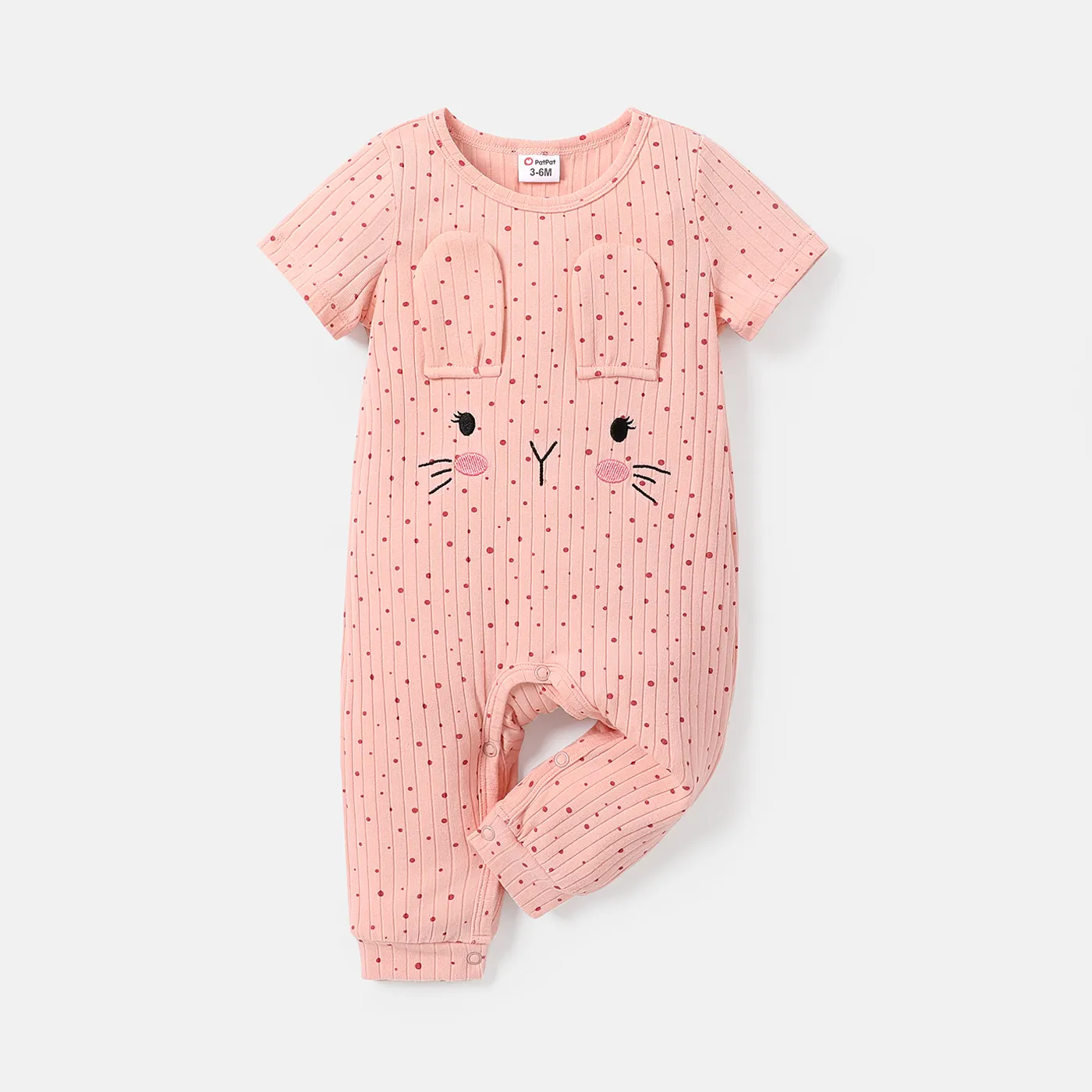 

Baby Girl Cotton Ribbed 3D Ears Detail Rabbit Embroidered Short-sleeve Dots Jumpsuit