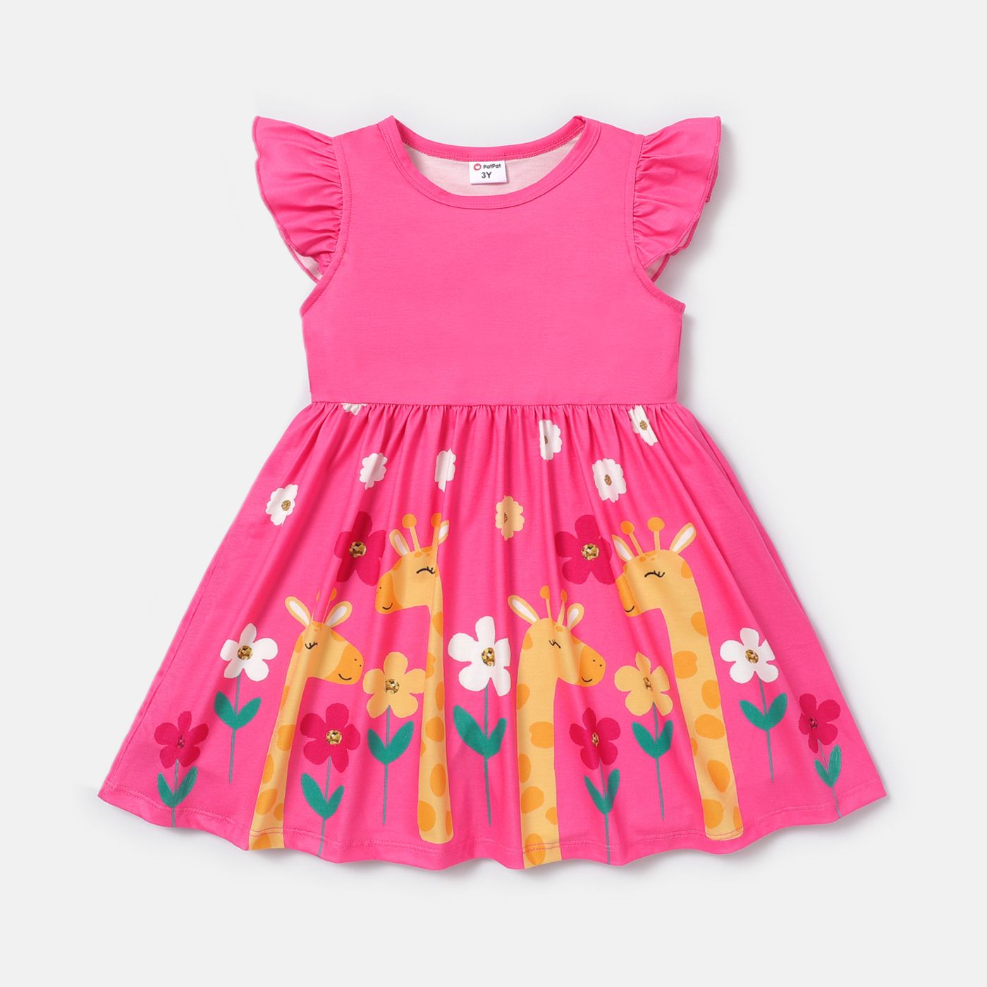 

Naia Toddler Girl Floral Giraffe Print Splice Flutter-sleeve Dress