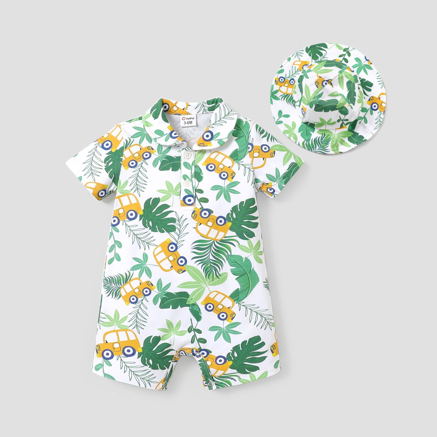 

2pcs Baby Boy 100% Cotton Allover Plant Print Short-sleeve Romper & Hat Set
