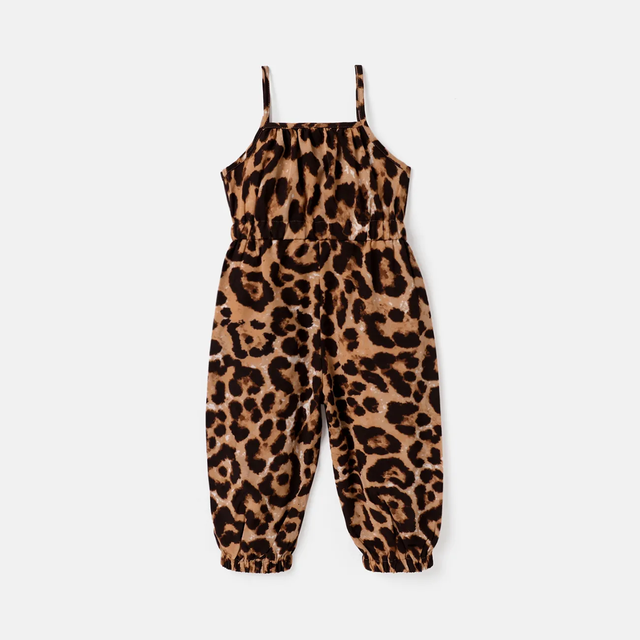 Toddler Girl Leopard Print Bowknot Design Slip Jumpsuits Brown big image 1