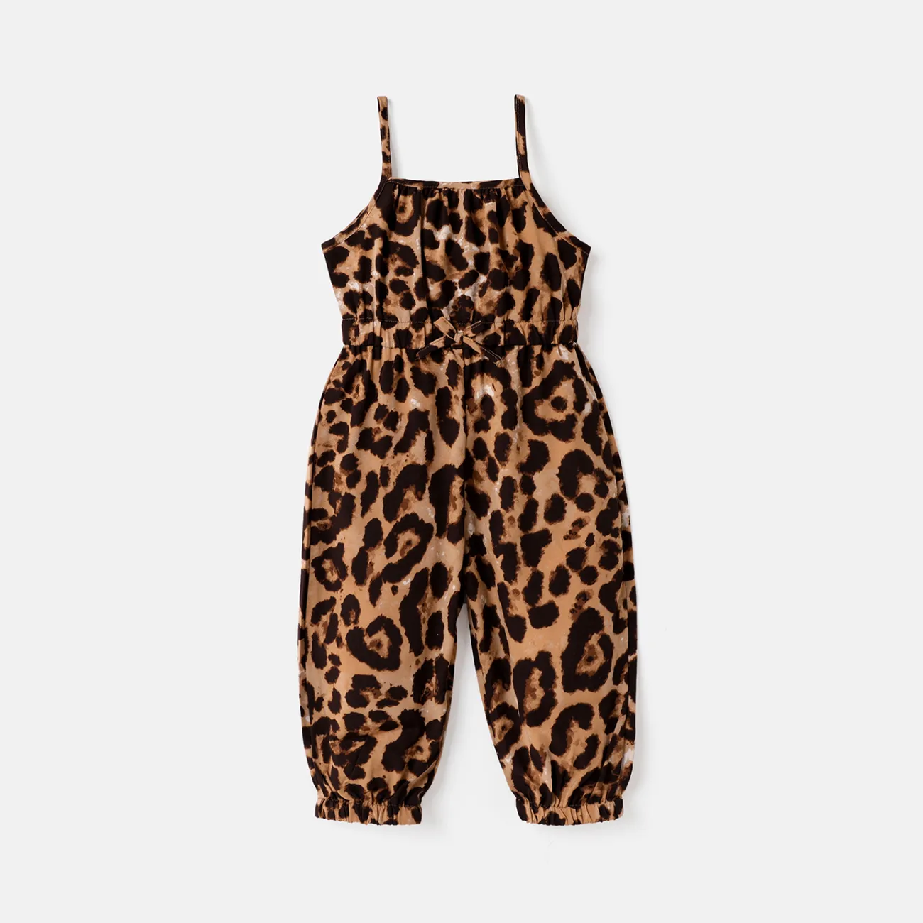 Toddler Girl Leopard Print Bowknot Design Slip Jumpsuits Brown big image 1