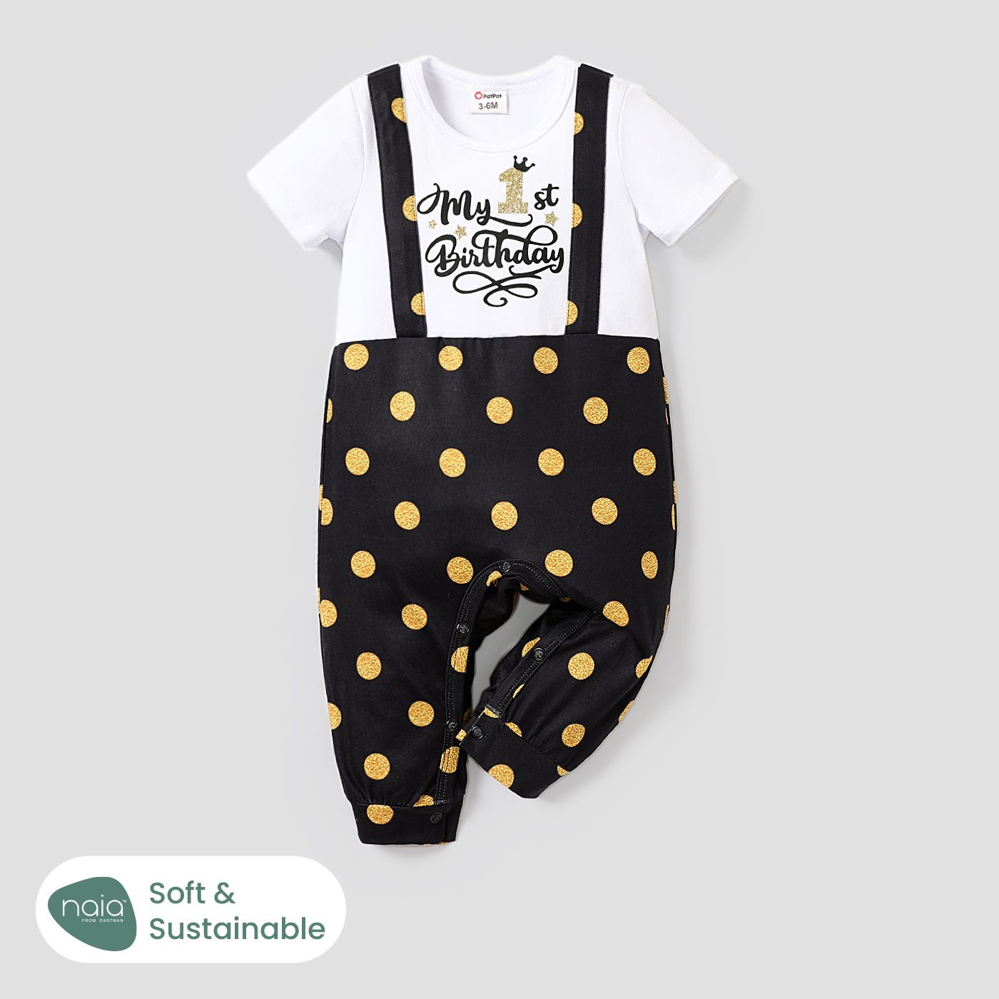 Baby Boy Short-sleeve Birthday Letter Print Polka Dots Spliced Jumpsuit