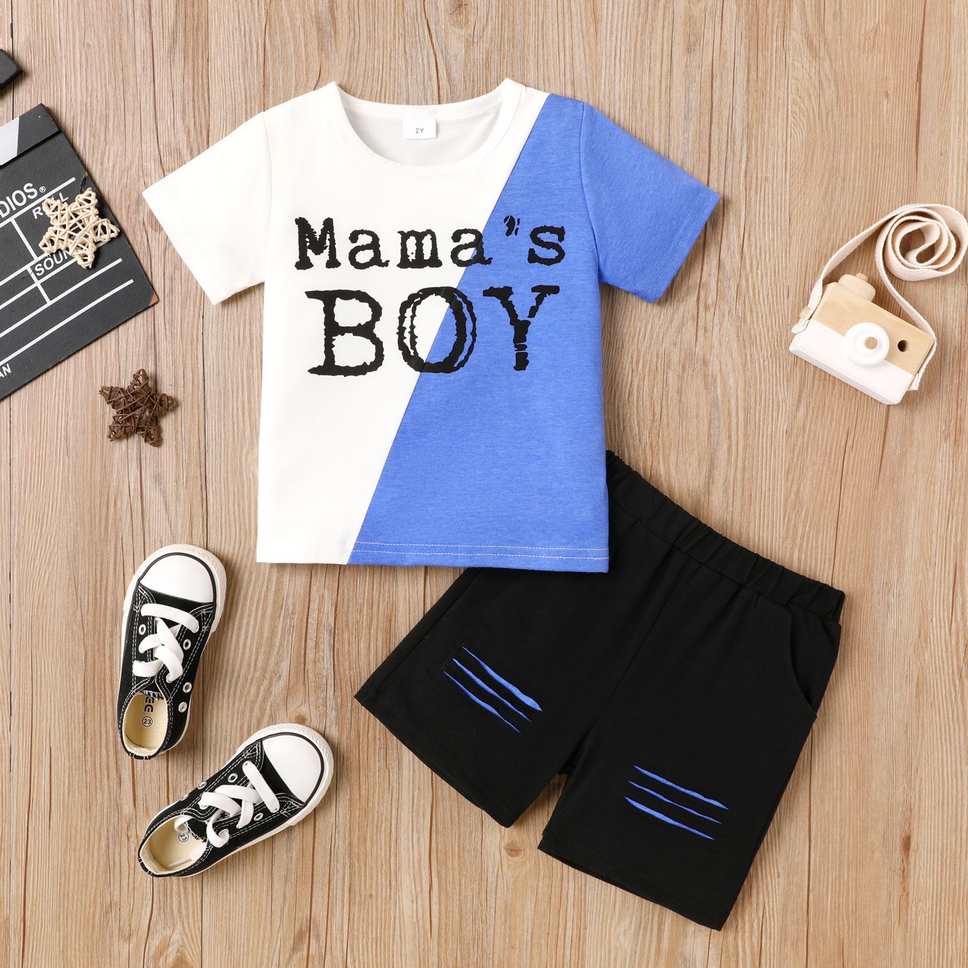 

2Pcs Toddler Boy Trendy Letter Print Colorblock Short-sleeve Tee & Ripped Shorts Set