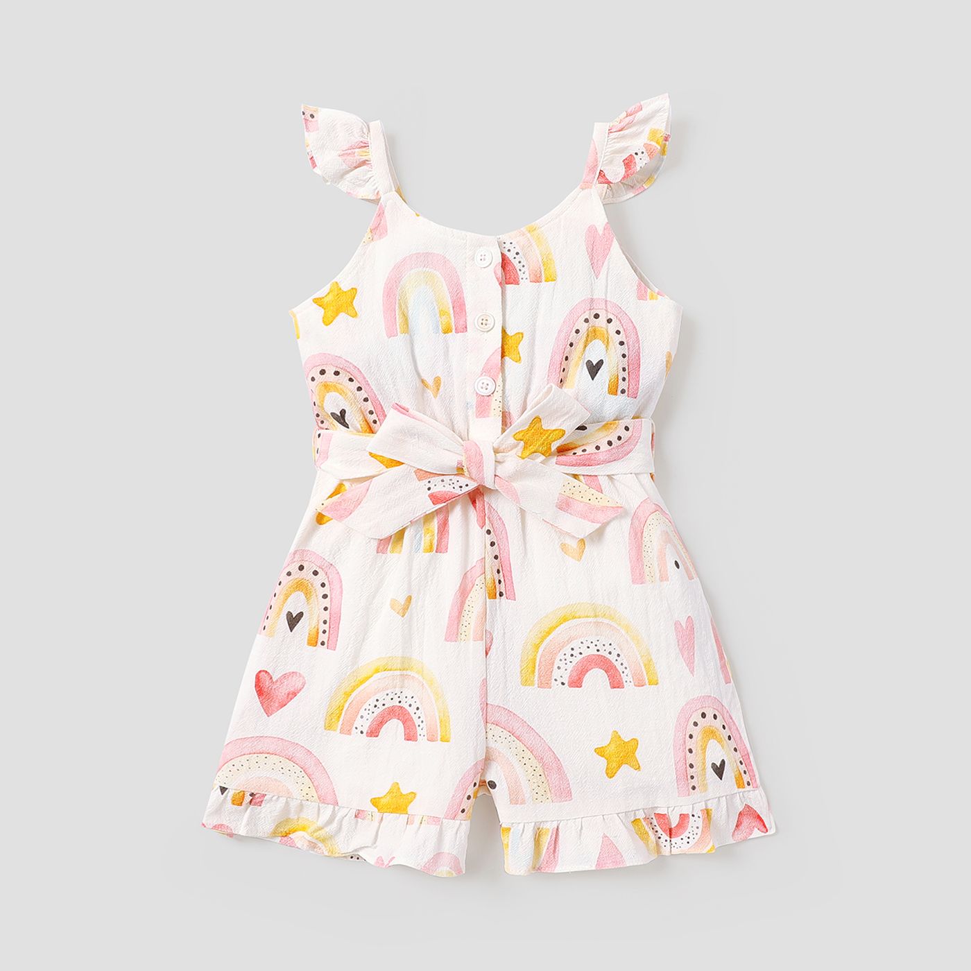 

Toddler Girl 100% Cotton Rainbow Print Button Design Belted Sleeveless Rompers