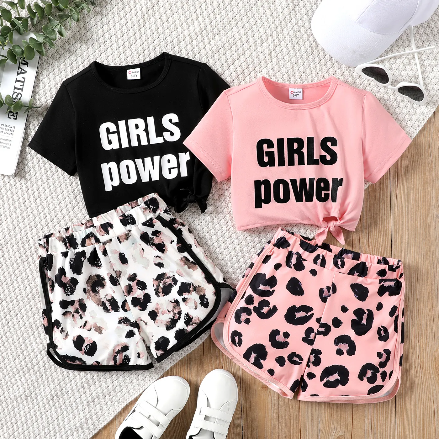 2pcs Kid Girl Letter Print Tie Knot Short-sleeve Tee and Leopard Print Shorts Set