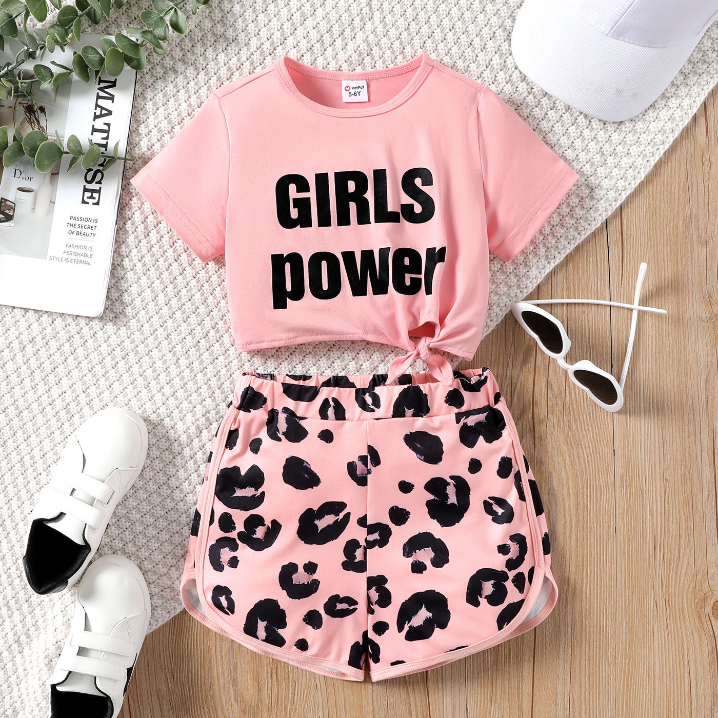 2pcs Kid Girl Letter Print Tie Knot Short-sleeve Tee and Leopard Print Shorts Set