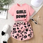 2pcs Kid Girl Letter Print Tie Knot Short-sleeve Tee and Leopard Print Shorts Set Pink