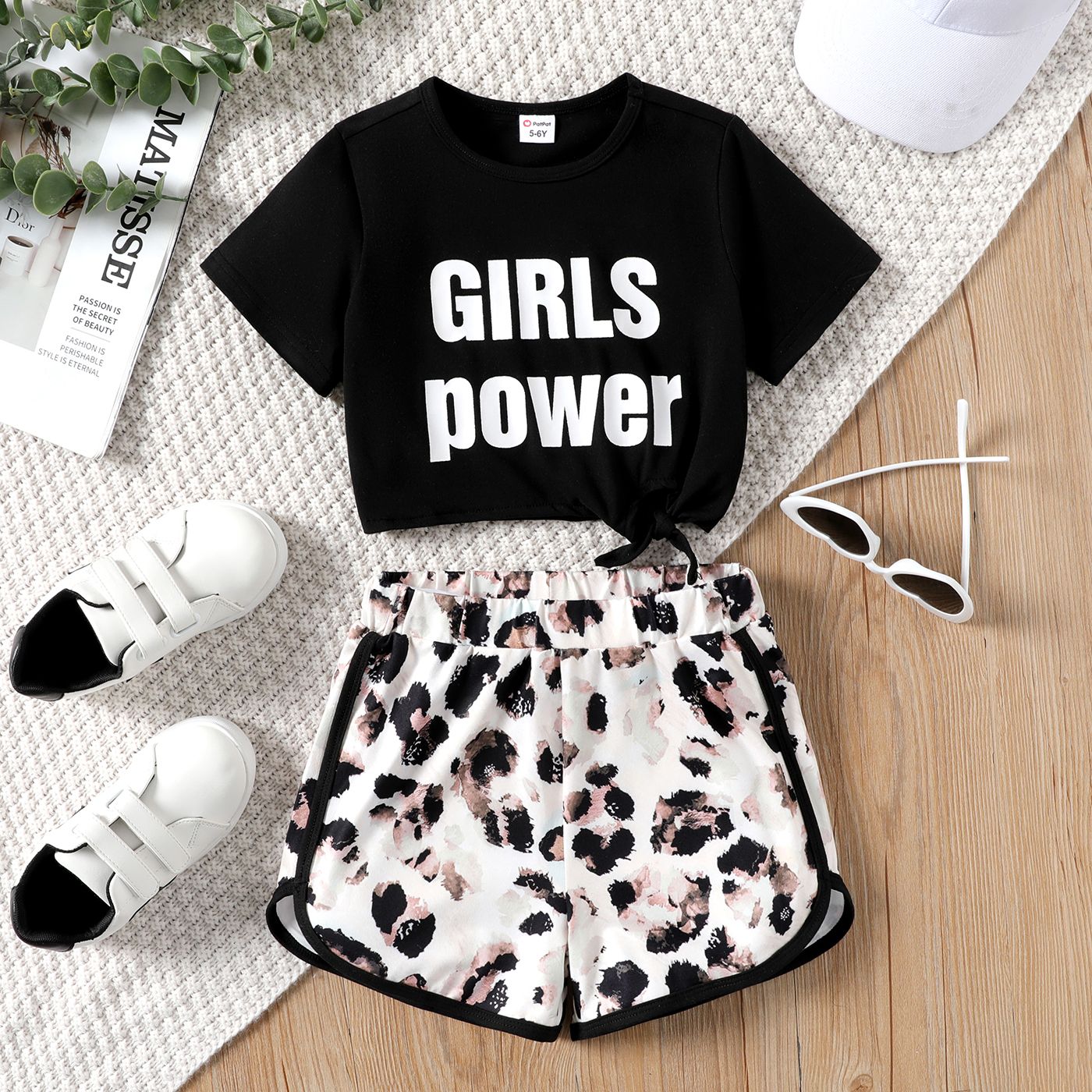 2pcs Kid Girl Letter Print Tie Knot Short-sleeve Tee And Leopard Print Shorts Set