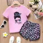 2pcs Kid Girl Figure Print Short-sleeve Tee and Leopard Print Shorts Set Dark Pink