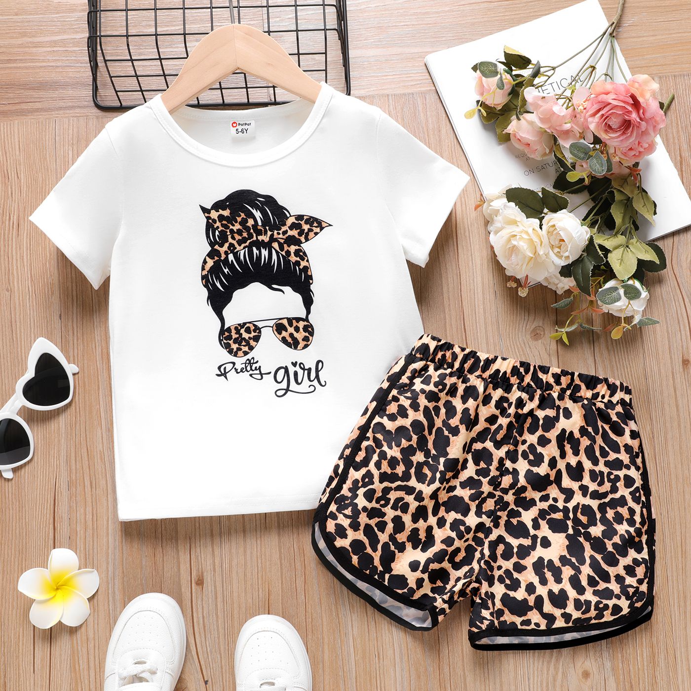 2pcs Kid Girl Figure Print Short-sleeve Tee And Leopard Print Shorts Set