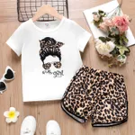 2pcs Kid Girl Figure Print Short-sleeve Tee and Leopard Print Shorts Set Brown