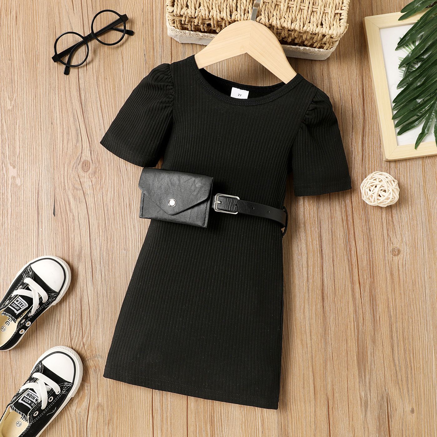 

Toddler Girl Basic Black Ribbed Cotton Dress with Fanny Pack