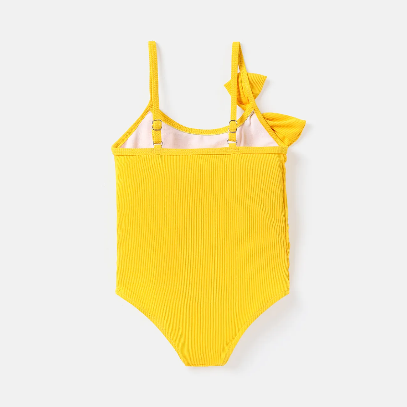 Baby Girl Solid Ruffle Trim Bow Decor One Piece Cami Swimsuit Yellow big image 1
