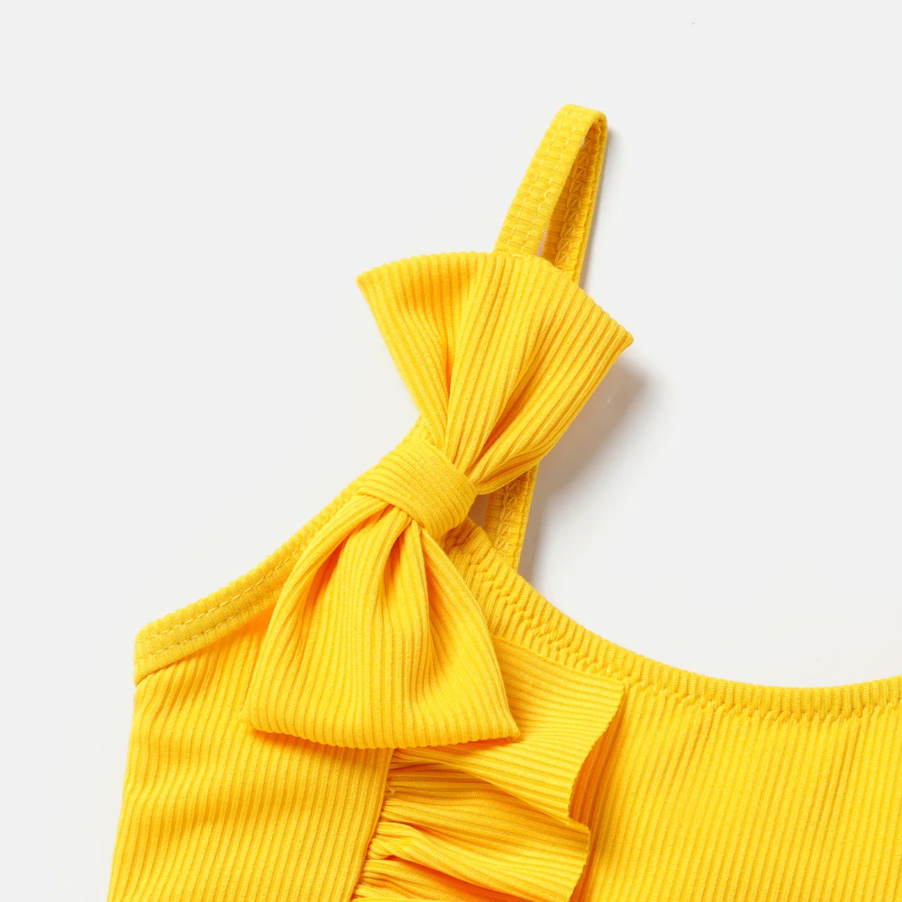 Baby Girl Solid Ruffle Trim Bow Decor One Piece Cami Swimsuit Yellow big image 1