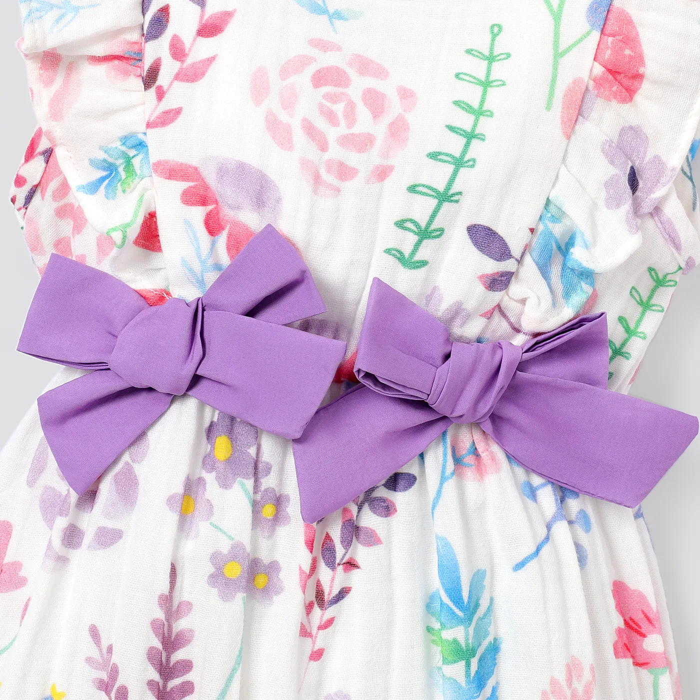 Baby Girl 100% Cotton Crepe Contrast Bow Decor Allover Floral Print Ruffled Sleeveless Jumpsuit  image 3