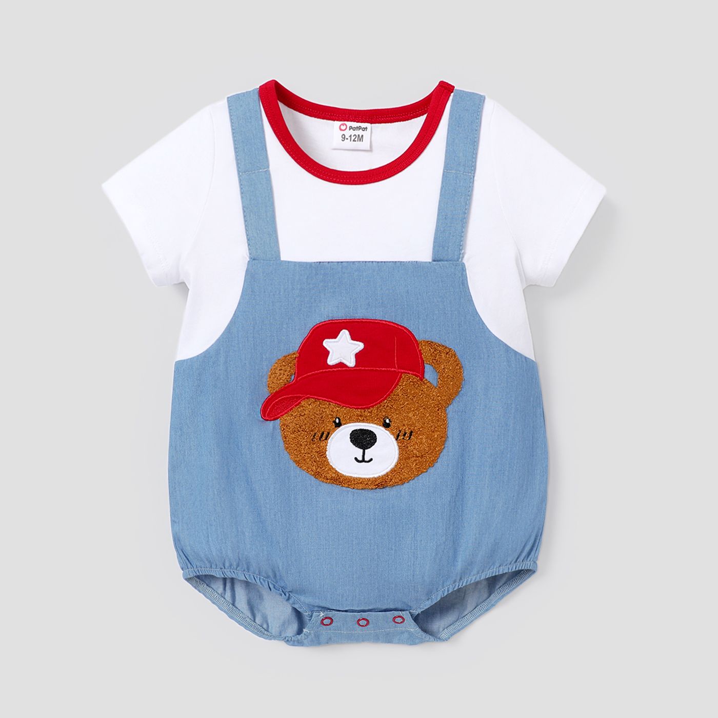 

Baby Boy 100% Cotton Faux-two Bear Embroidered Short-sleeve Denim Romper