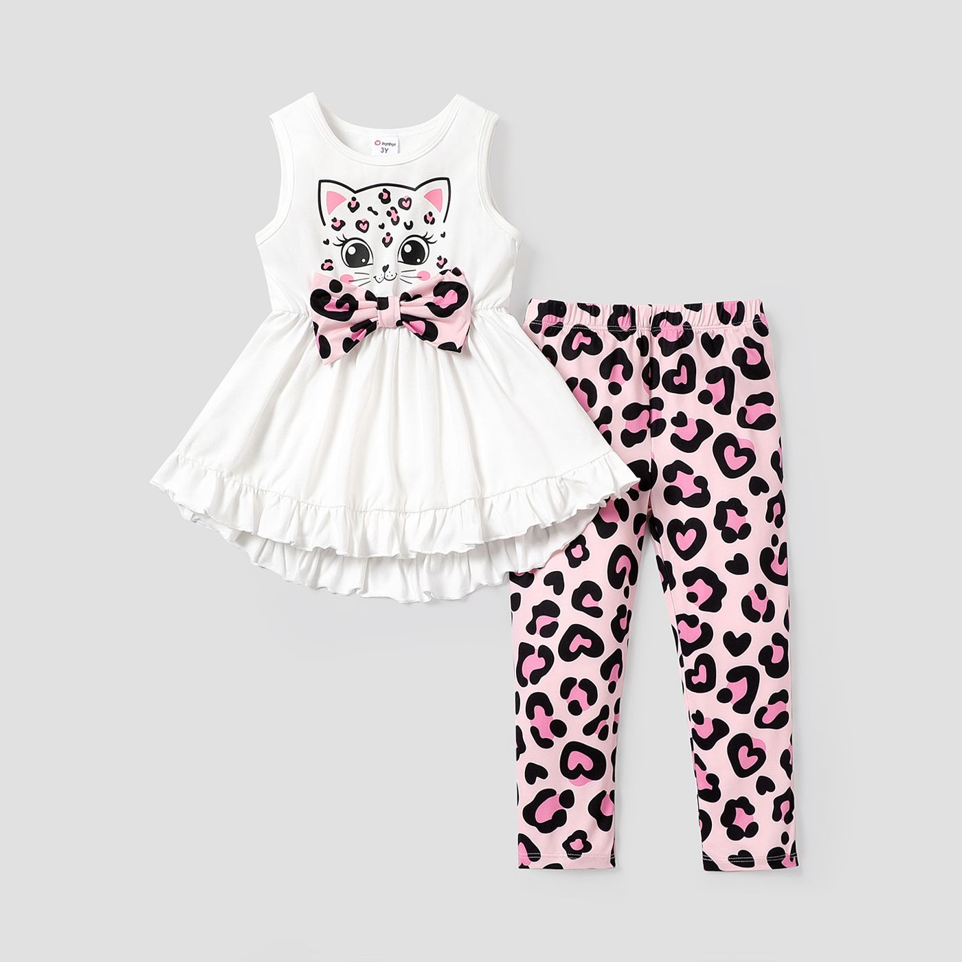 

2pcs Toddle Girl Kitty Print Bowknot Design Sleeveless Tee and Leopard Print Leggings Set