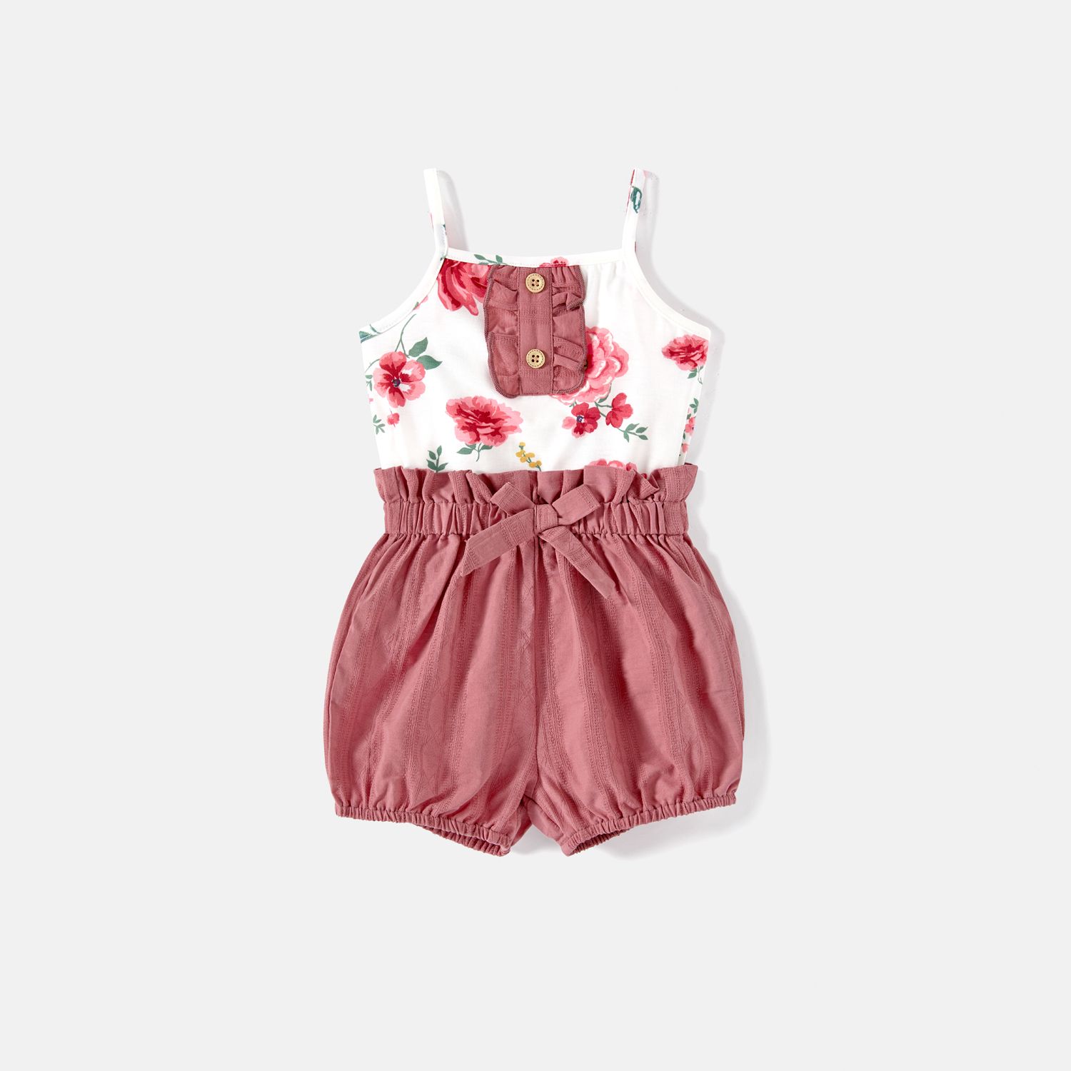 Mommy And Me 100% Cotton Button Front Belted Cami Rompers