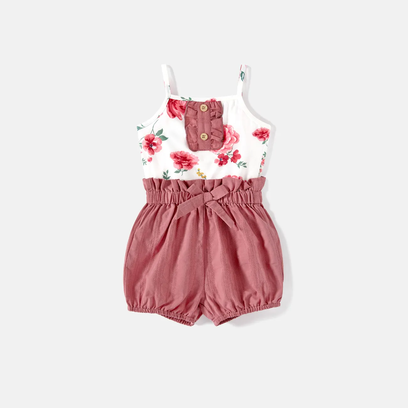 Mommy and Me 100% Cotton Button Front Belted Cami Rompers PINK-1 big image 1