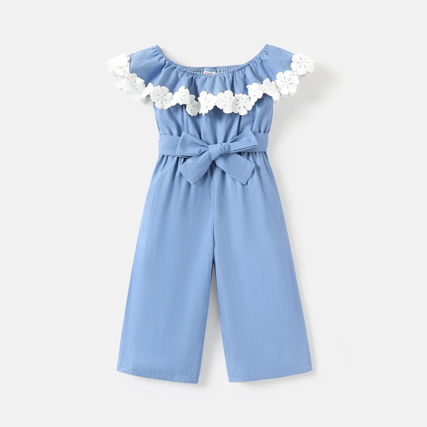 Toddler Girl 100% Cotton Floral Design Flounce Denim Sleeveless Belted Jumpsuits
