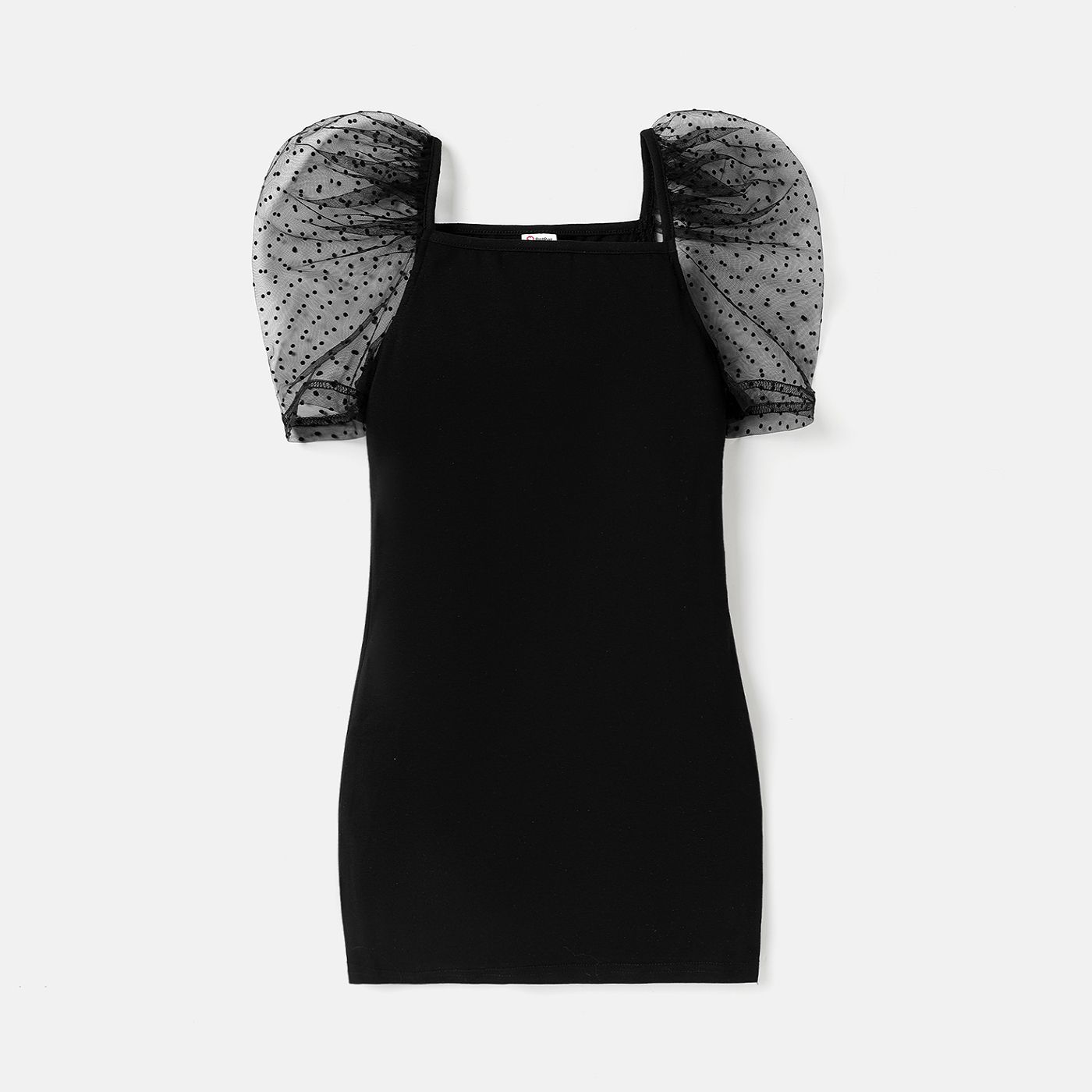 

Kid Girl Square Neck Mesh Puff-sleeve Black Dress