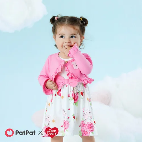 Care Bears 2pcs Baby/Toddler Girl Cotton Long-sleeve Ruffle Trim Cardigan and Floral Print Tank Dress Set