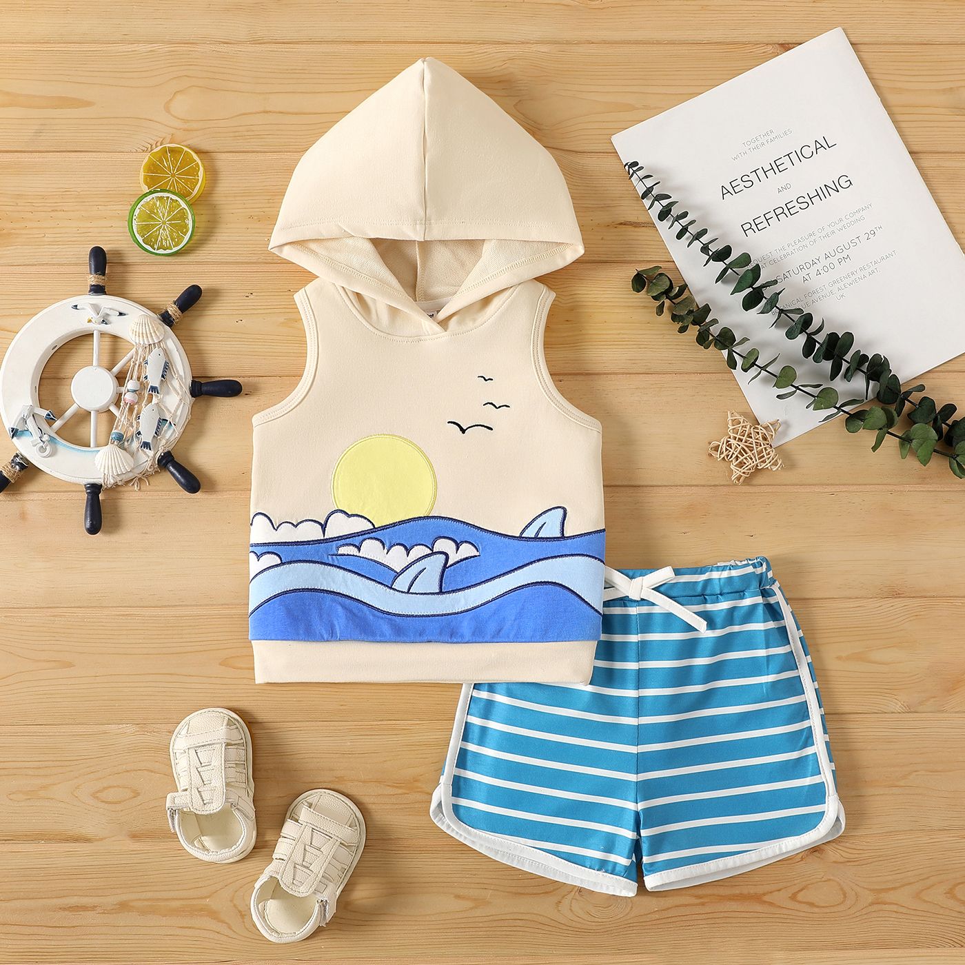 

2pcs Baby Boy Graphic Embroidered Hooded Tank Top and Striped Shorts Set