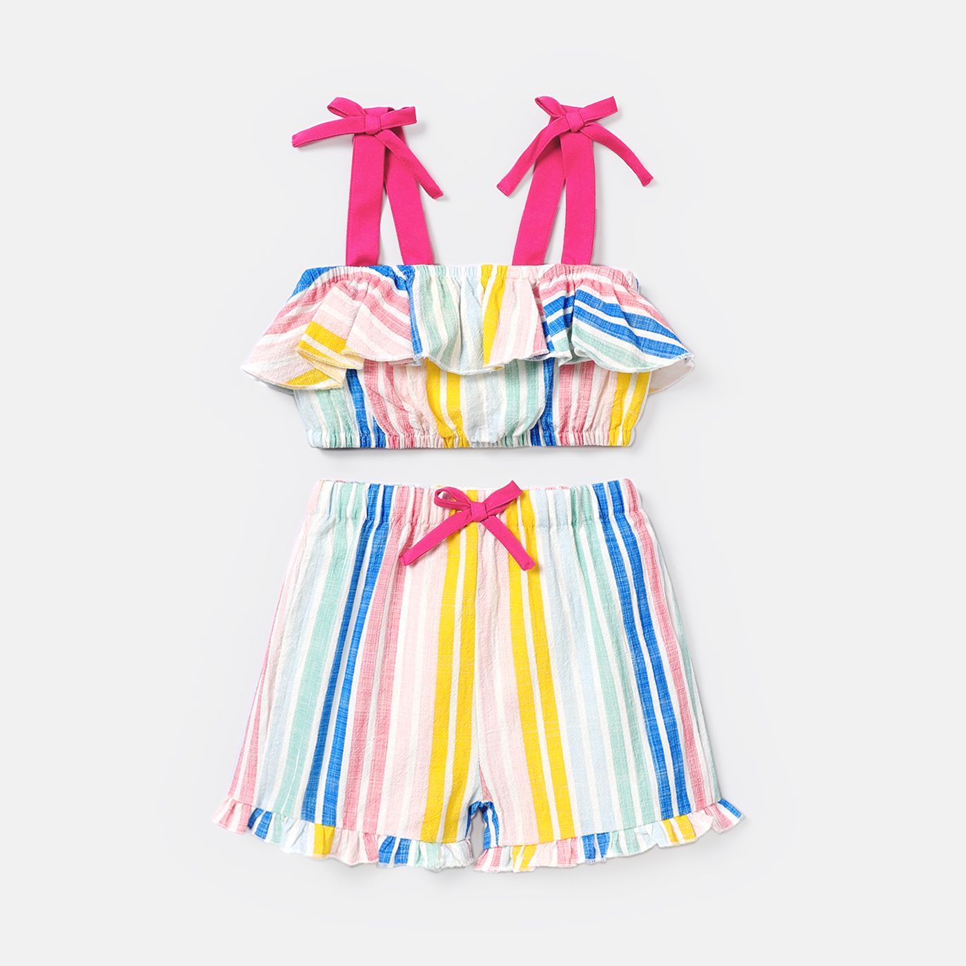 

2pcs Toddler Girl 100% Cotton Stripe Flounce Bowknot Design Camisole and Shorts Set